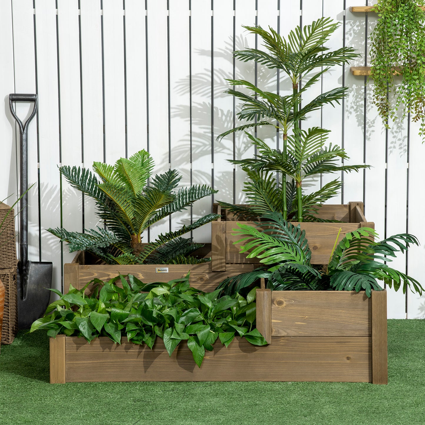 Outsunny Hochbeet, 4 Pflanzgefäße auf 3 Stufen, wetterbeständig, Massivholz, 122 cm x 122 cm x 51 cm, Natur