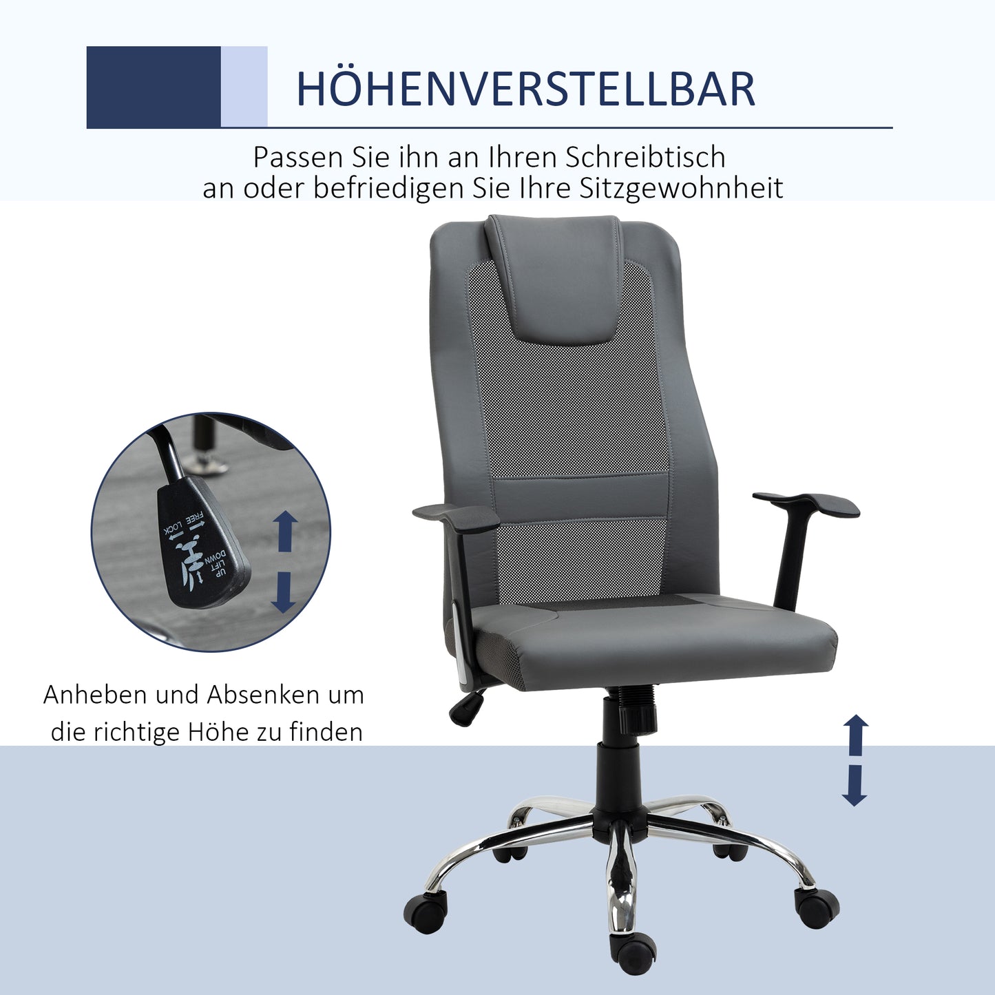 Vinsetto Bürostuhl Drehstuhl höhenverstellbar Chefsessel Schreibtischstuhl ergonomisk konstleder Grau 66 x 73 x 108-118 cm
