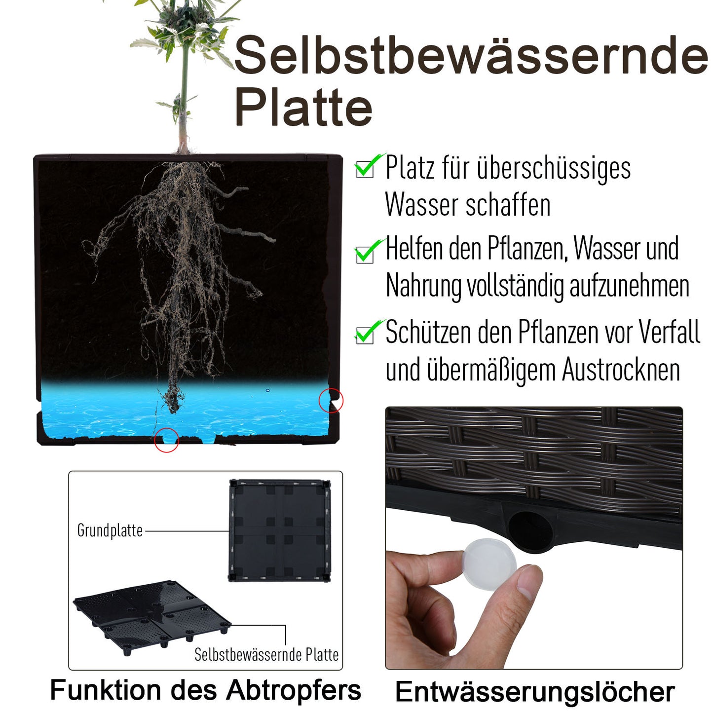 Outsunny Hochbeet, Pflanzkasten mit Abflusslöchern, Blumenkasten im Rattan-Look, Kunststoff, Braun, 40 x 40 x 44 cm