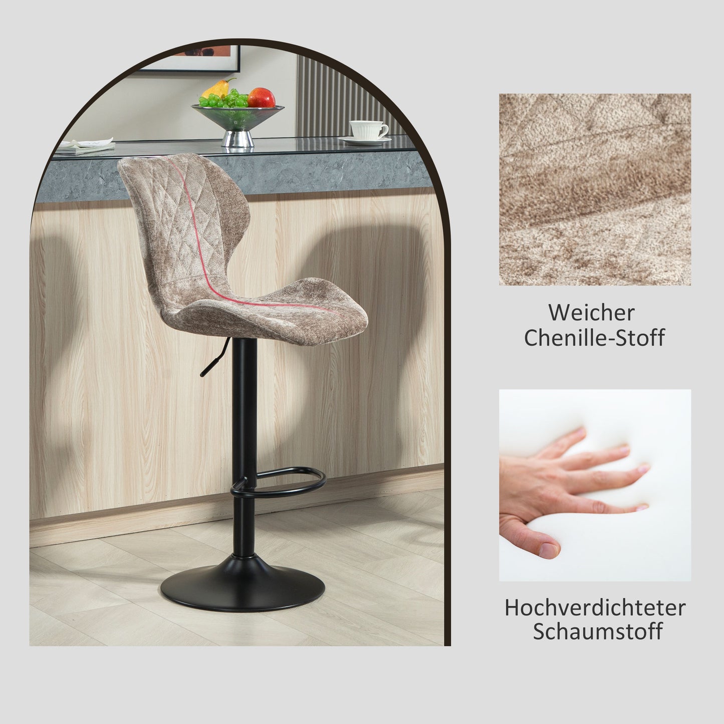 HOMCOM Barstühle im 2er-Set, Höhenverstellbare Küchenhocker mit Rückenlehne, Gaslift, Fußstütze, drehbar, Braun