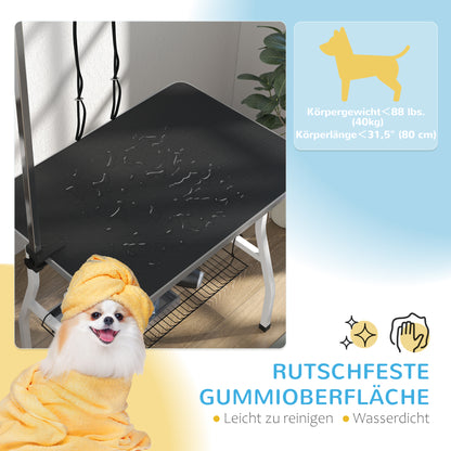 PawHut Hundepflegetisch, Frisiertisch mit einstellbar Arm, Aufbewahrungsfach, Gummioberfläche, 90 x 60 x 76 cm, Schwarz