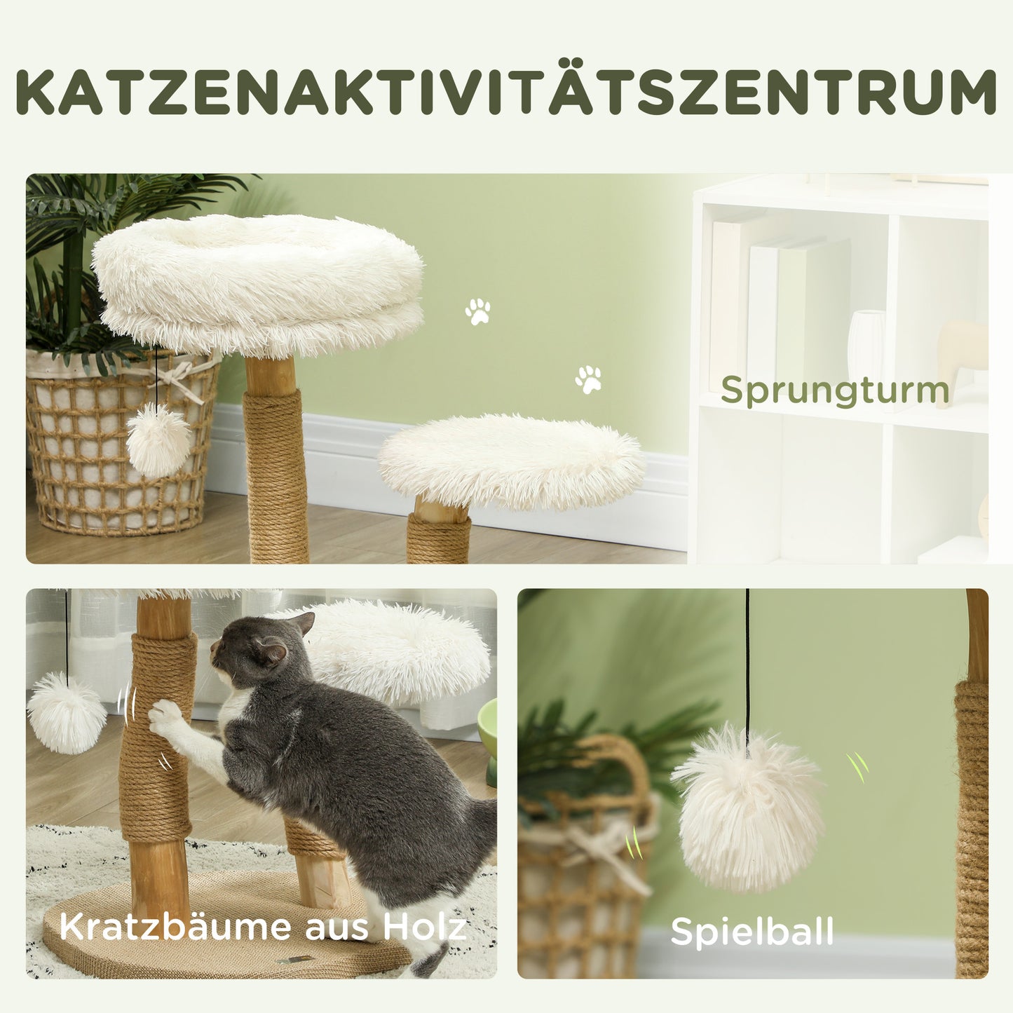 PawHut Katzenbaum, 61,5 cm, mit Katzenbett, Kratzpfosten, Sprungplattform, Spielzeugball, für Katzen bis zu 5 kg, Weiß