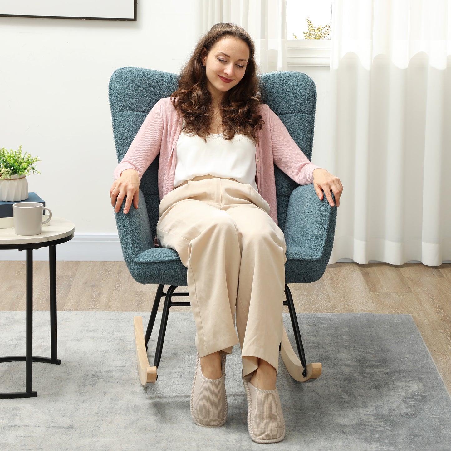 HOMCOM Schaukelstuhl, ergonomische Form, Echtholzkufen, bis 120 kg, Hellblau