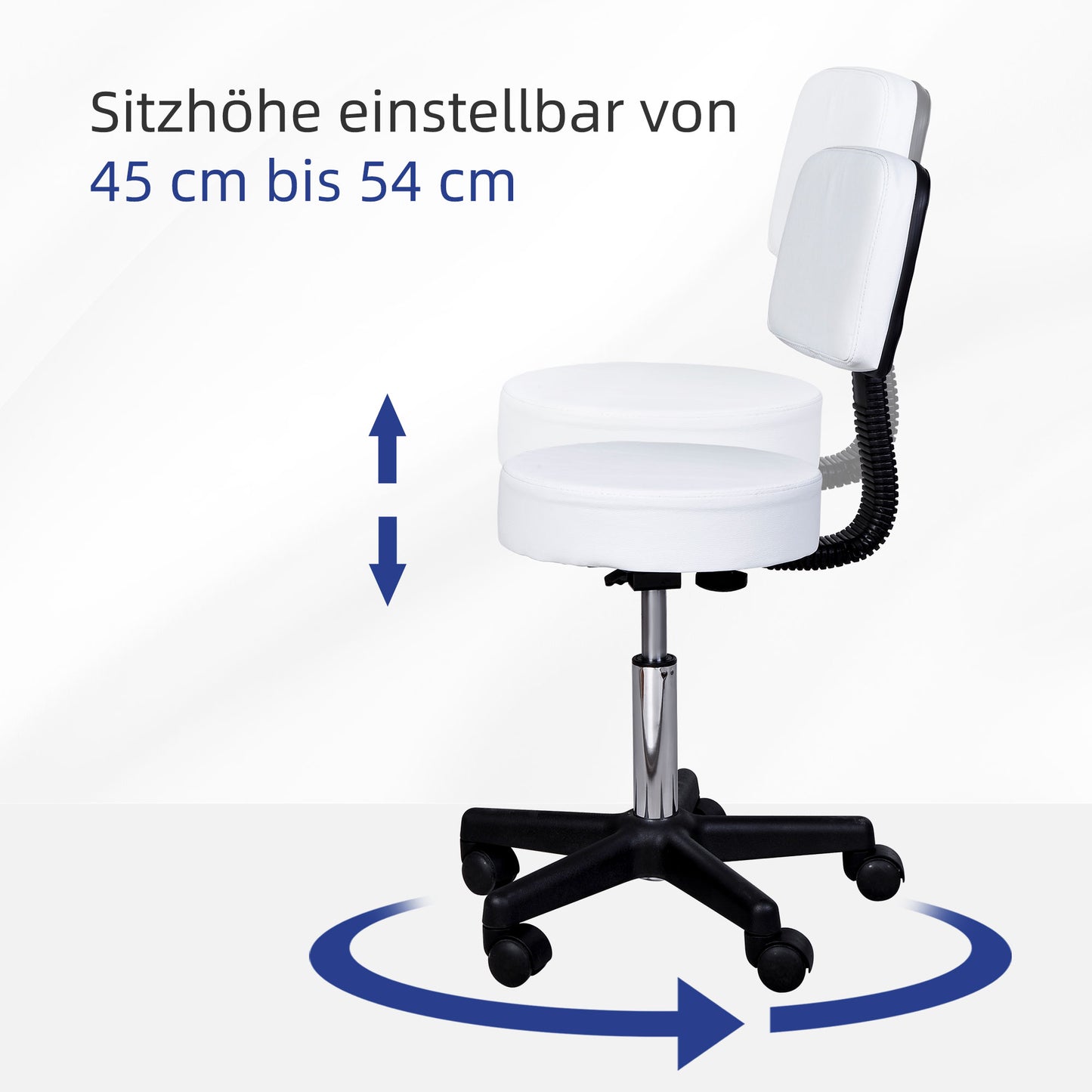 HOMCOM Rollhocker höhenverstellbar mit Rückenlehne Drehhocker 72-84 cm Arbeitshocker 360° drehbar Bürohocker für Büro Salon Massage Spa Weiß