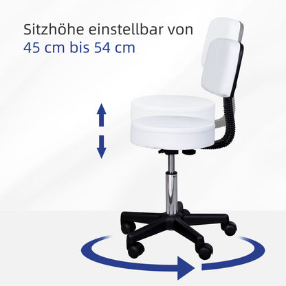 HOMCOM Rollhocker höhenverstellbar mit Rückenlehne Drehhocker 72-84 cm Arbeitshocker 360° drehbar Bürohocker für Büro Salon Massage Spa Weiß