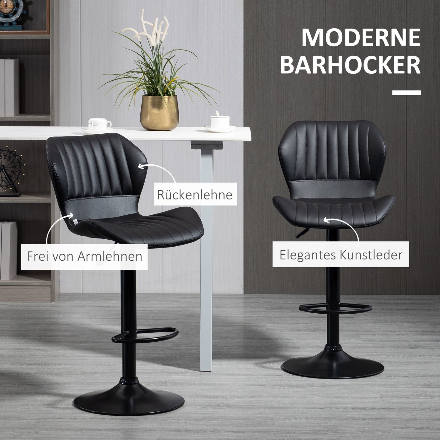 HOMCOM Barhocker Barstuhl 2-er Set höhenverstellbar 48,5 x 55,5 x 90-110 cm Kunstleder+Stahl Schwarz