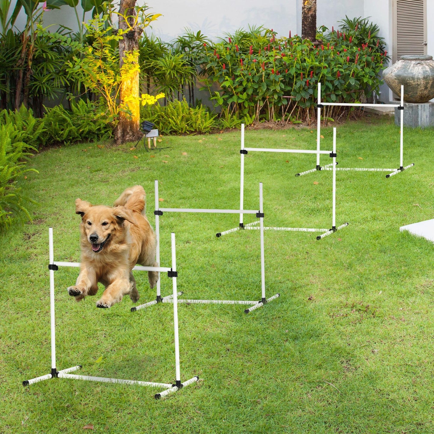 PawHut Agility Set Hunde 4-teiliges höhenverstellbar Agility-Ausrüstung Sprungstangen-Set Steckhürdenset med 4 Hürden Tragetasche Koordinationsträning Sprungstangen-Set för Spiele Training