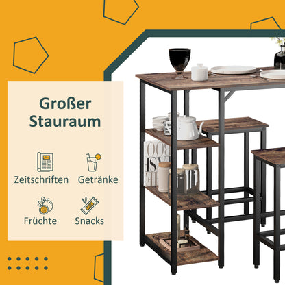 HOMCOM Bartisch-Set Stehtisch mit 2 Barhockern Essgruppe 3-teiliges Tischset Küchentresen mit Regale Spanplatte Stahl Rustikales Braun+Schwarz 109 x 60 x 100 cm