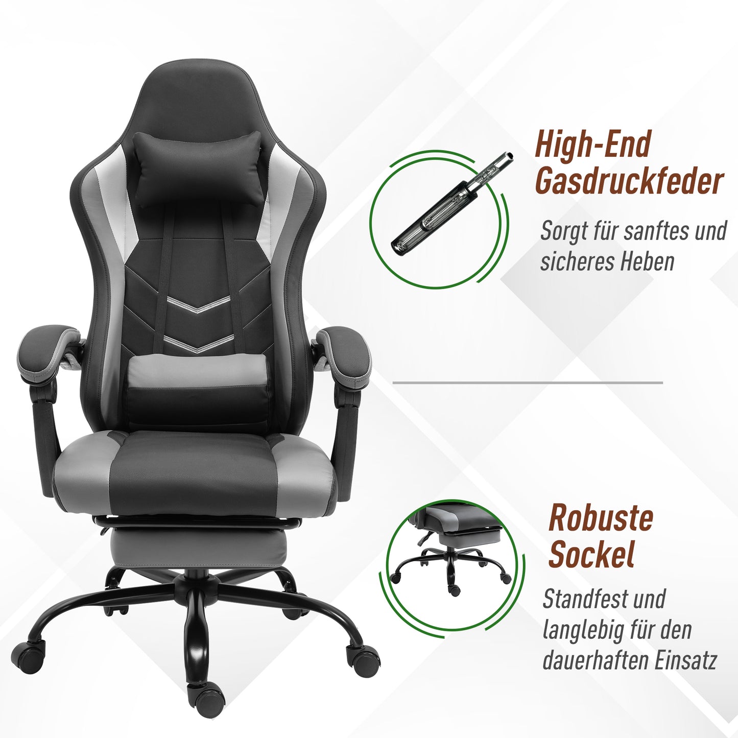 Vinsetto Ergonomischer Gaming Stuhl Bürostuhl Schreibtischstuhl, Drehstuhl Höhenverstellbar, Verstellbares Lendenkissen mit Fußstützen Schwarz 62x52x128 cm