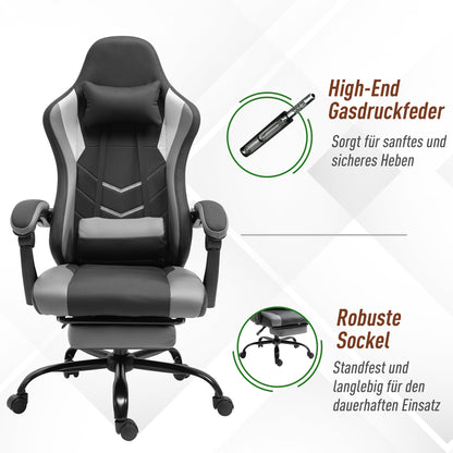 Vinsetto Ergonomischer Gaming Stuhl Bürostuhl Schreibtischstuhl, Drehstuhl Höhenverstellbar, Verstellbares Lendenkissen mit Fußstützen Schwarz 62x52x128 cm