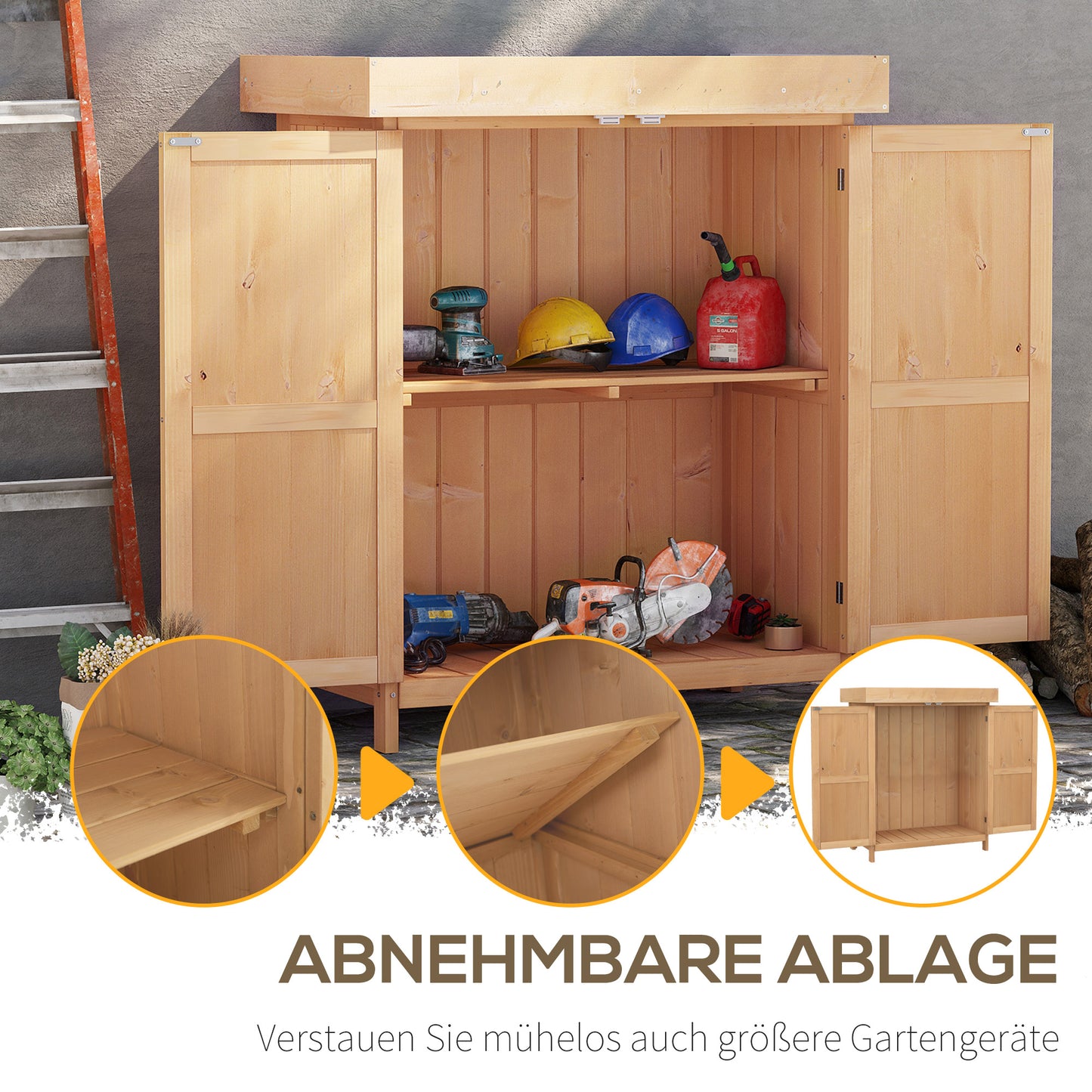 Outsunny Gartenschrank Tannenholz, Geräteschuppen wetterfest 74x43x88cm, Gerätehaus mit Doppeltür, 2 Fächern, Geräteschrank, Gartenhaus Werkzeugschrank Gartenschuppen für Garten, Terrasse, Natur