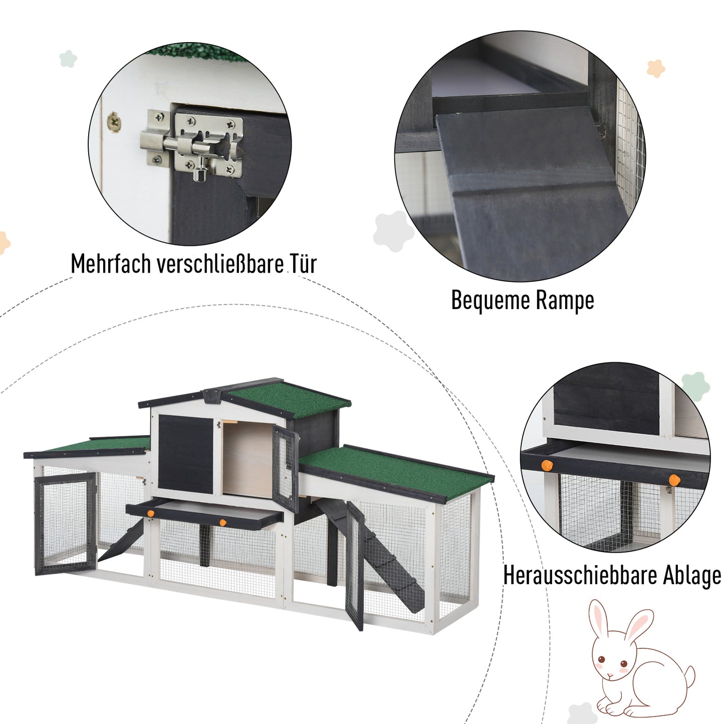 PawHut Kleintierstall mit 2 Freigehegen wetterbeständig Tannenholz Weiß + Grün