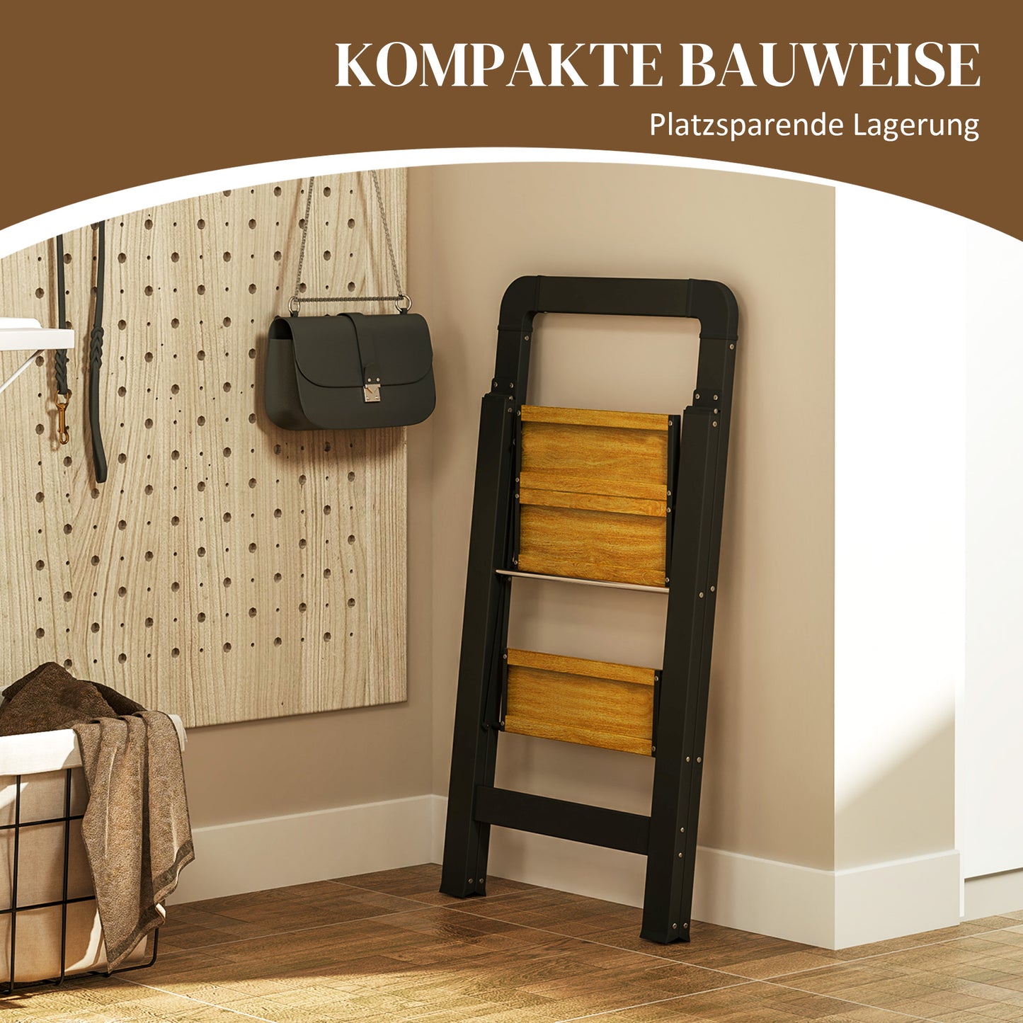 HOMCOM 2-stufige Trittleiter, Metall, faltbar, rutschfeste Plattform, Schwarz