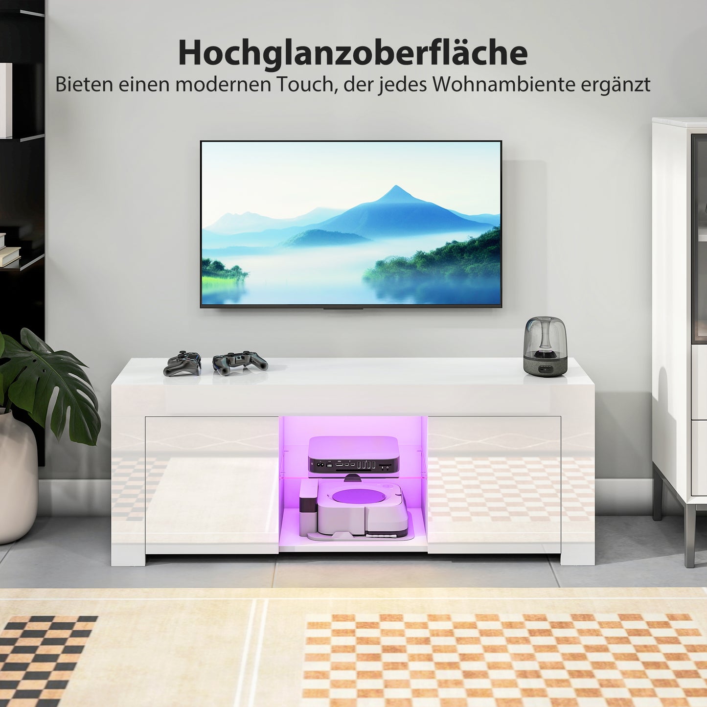 HOMCOM TV-Schrank mit LED-Beleuchtung, 2 Schranktüren, Glasregal, Kabellöcher, für Wohnzimmer, Spanplatte, Weiß