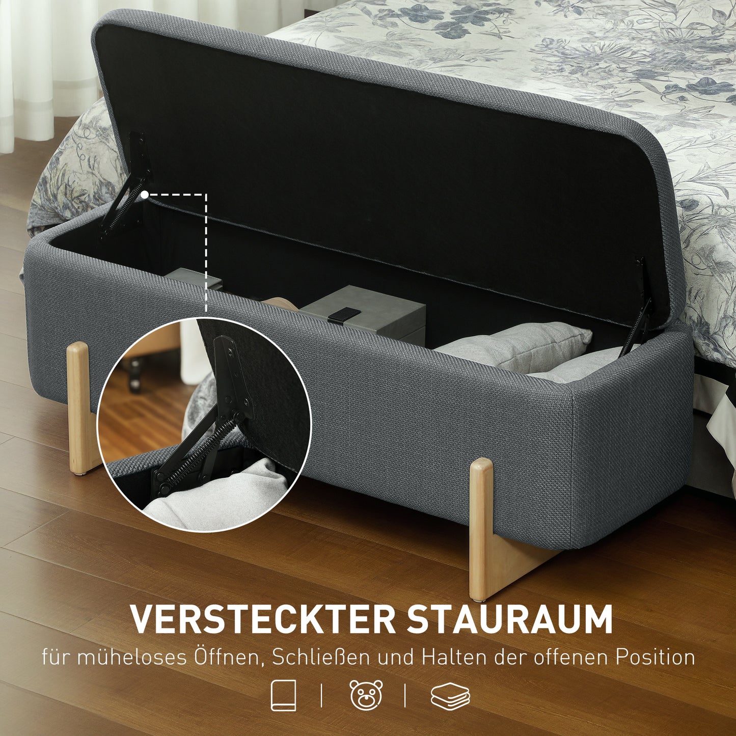 HOMCOM Hocker mit Stauraum, Sitzbank mit Schaumstoffpolsterung, Leinenimitat, 111 x 44 x 44,5 cm, Dunkelgrau