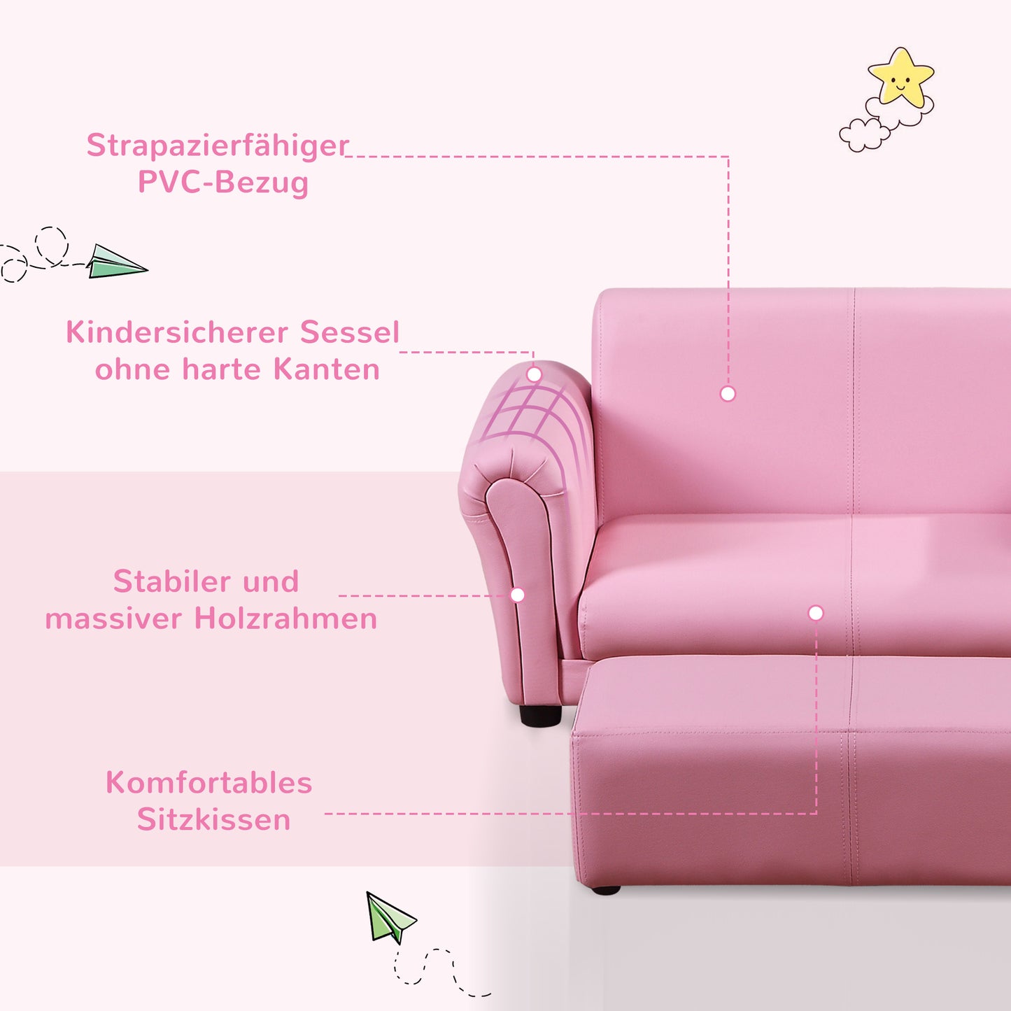 HOMCOM Kindersessel mit Fußhocker, Kindercouch mit Hocker, Kindersofa, Sofa Sessel, Rosa 83 x 42 x 41 cm