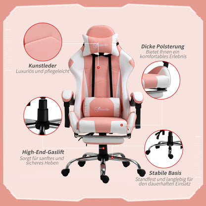 Vinsetto Gamingstuhl Computerstuhl Ergonomischer Bürostuhl Gamer Stuhl mit Kopfstütze Lendenkissen Bürostuhl höhenverstellbar 360°drehbar Schaumstoff Kunstleder PVC Rosa+Weiß 64 x 67 x 119-127 cm