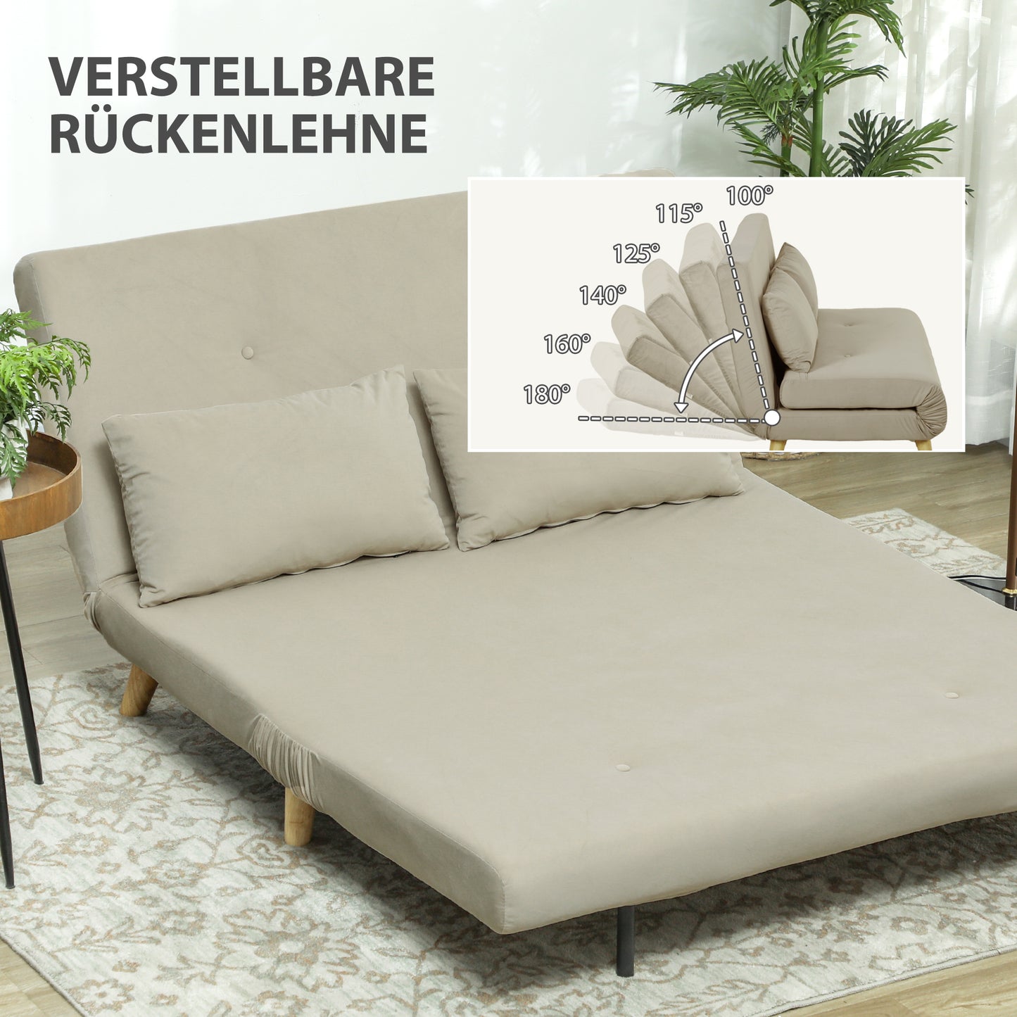 HOMCOM Schlafsofa Relaxsofa Sofa Couch, inkl. 2 Kissen, Samtoptik, 130 x 78 x 79 cm, Beige