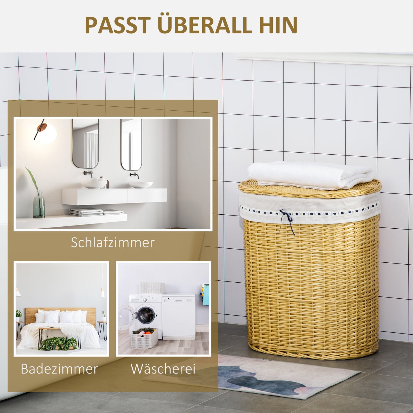 HOMCOM Wäschekorb aus Weide mit Deckel Wäschesammler mit Griff, herausnehmbarer Wäschesack, Laundry Baskets Wäschebox für Badezimmer Waschküche Schlafzimmer Natur