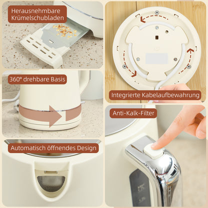 HOMCOM Set aus 1,7 L Wasserkocher und Toaster mit 6 Bräunungsstufen, Beige