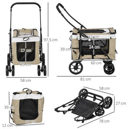 PawHut Hundbuggy Haustierbuggy Hundewagen, klappbar, abnehmbarer Korb, 81 x 58 x 97,5 cm, Schwarz+Khaki+Weiß