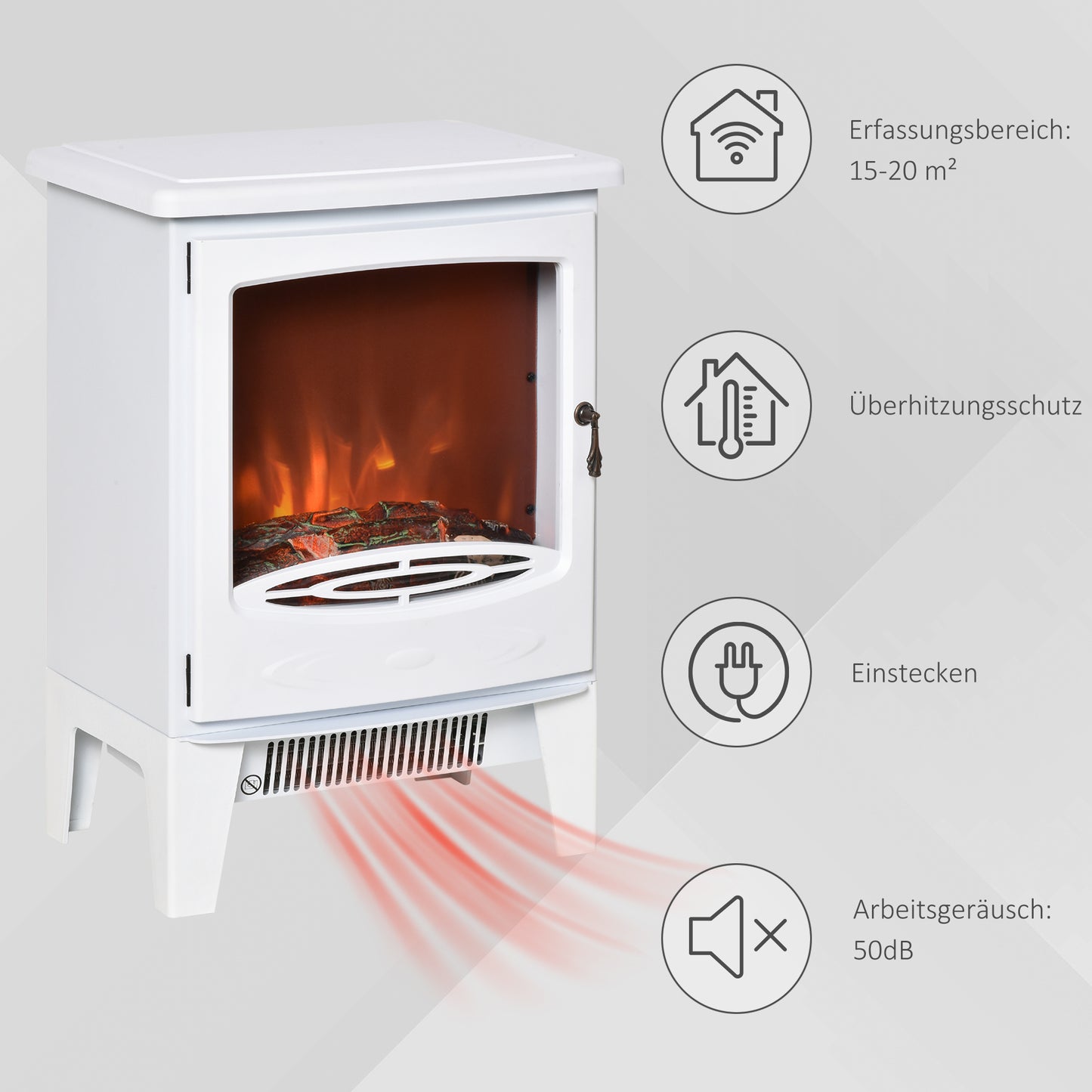 HOMCOM Elektrokamin mit Heizung, elektrischer Kamin mit LED Flammeneffekt, 900/1800 W Dekokamin, elektrisch Kaminfeuer Kaminofen, Weiß