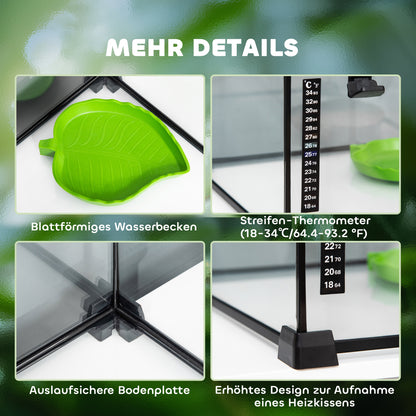 PawHut Terrarium für Reptilien Reptile Fütterungsbox Glasterrarium Amphibien Spinnentiere mit Termometer Reptiliensuchtbox Metall Schwarz 50 x 30 x 35 cm