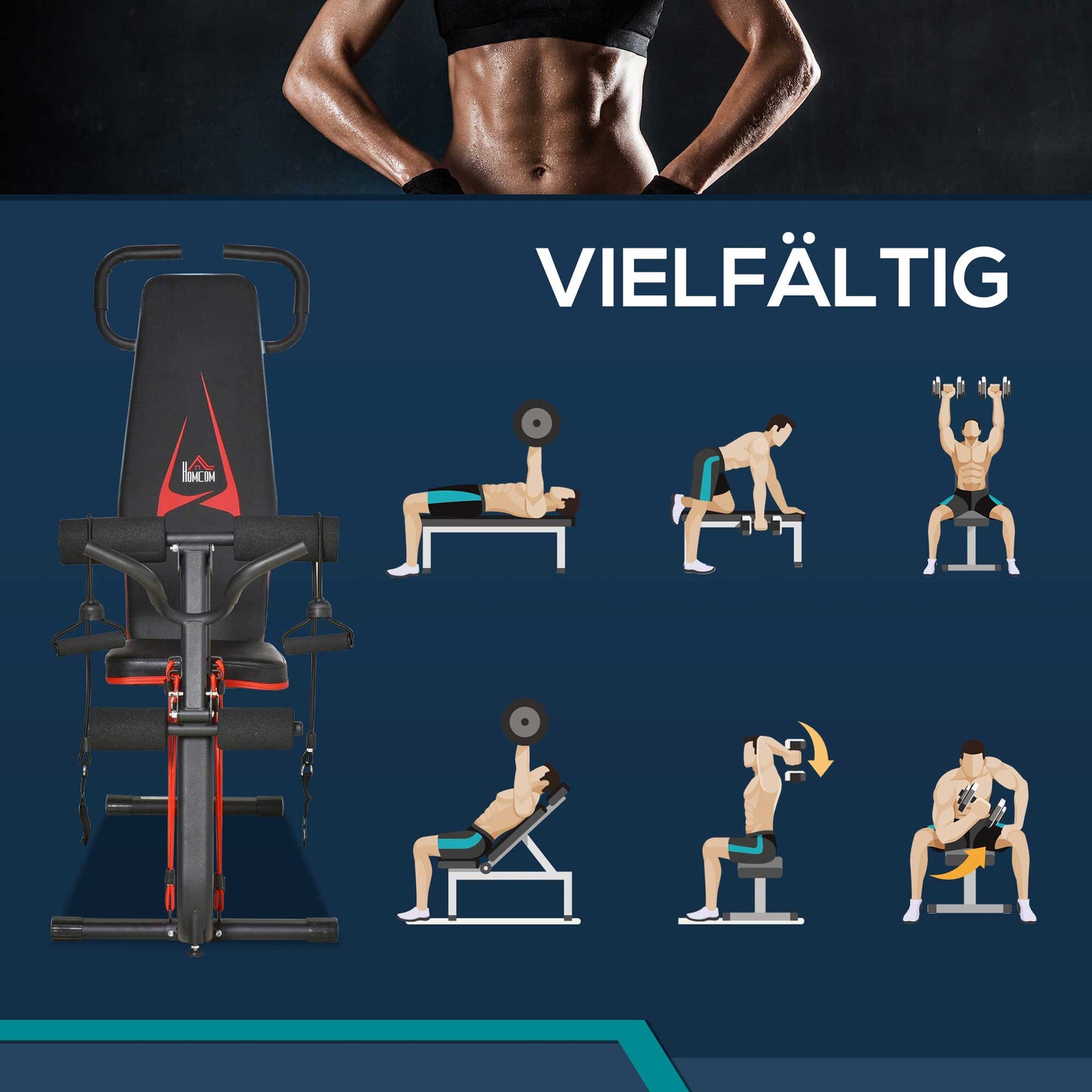 HOMCOM Hantelbank verstellbare Trainingsbank mit elastischer Seils Sit Up-Bank für Heimtraining 6 Stufen Rückenlehne-Gefälle Gewicht bis 150 kg Stahl Kunstleder Schwarz+Rot 145 x 49 x 48-127 cm
