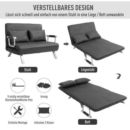 HOMCOM Schlafsofa Schlafcouch mit Verstellbarer Rückenlehne, Wurfkissen, Sofa mit Schlaffunktion, Samtoptik, Armlehne, Gästebett, Klappsessel für Wohnzimmer, Schlafzimmer, Grau