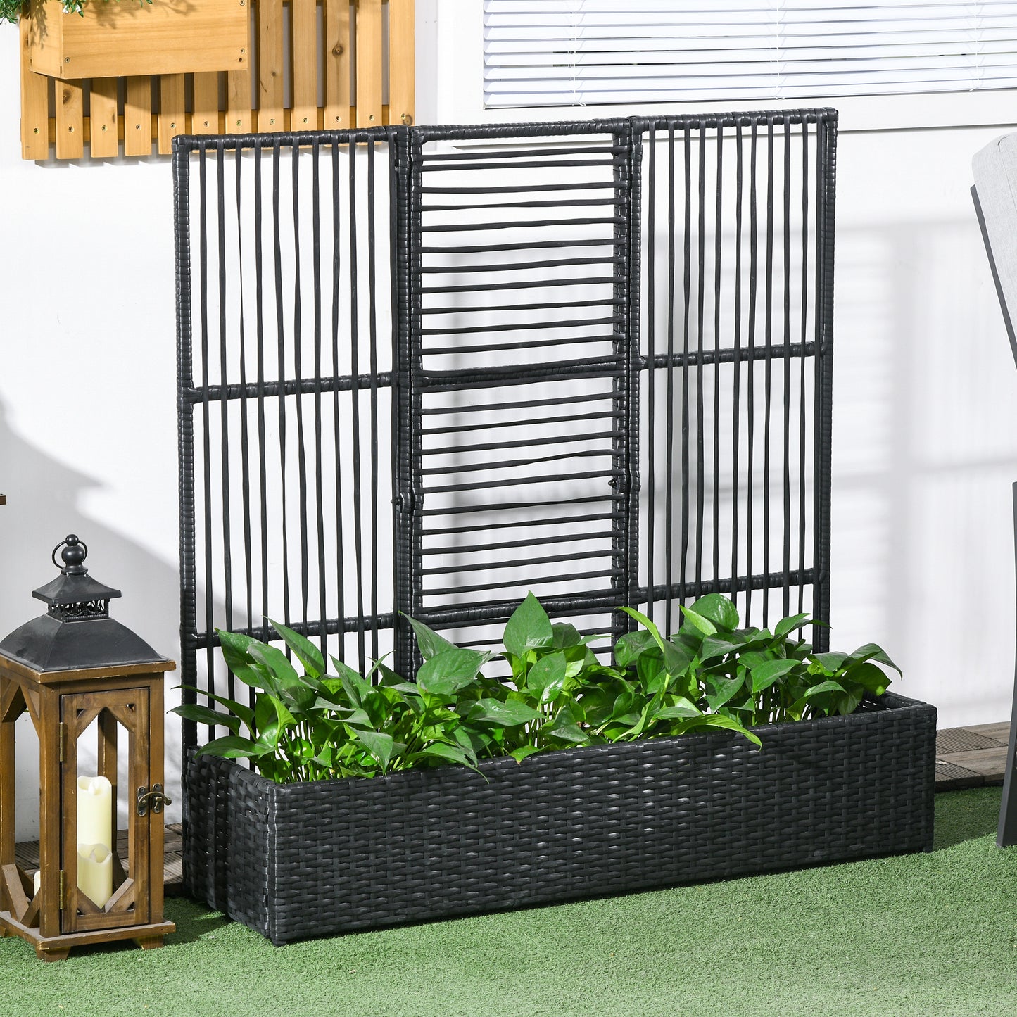 Outsunny Blumenkasten mit Spalier, wetterfest, Polyrattan, 103 x 103 x 29 cm, Schwarz