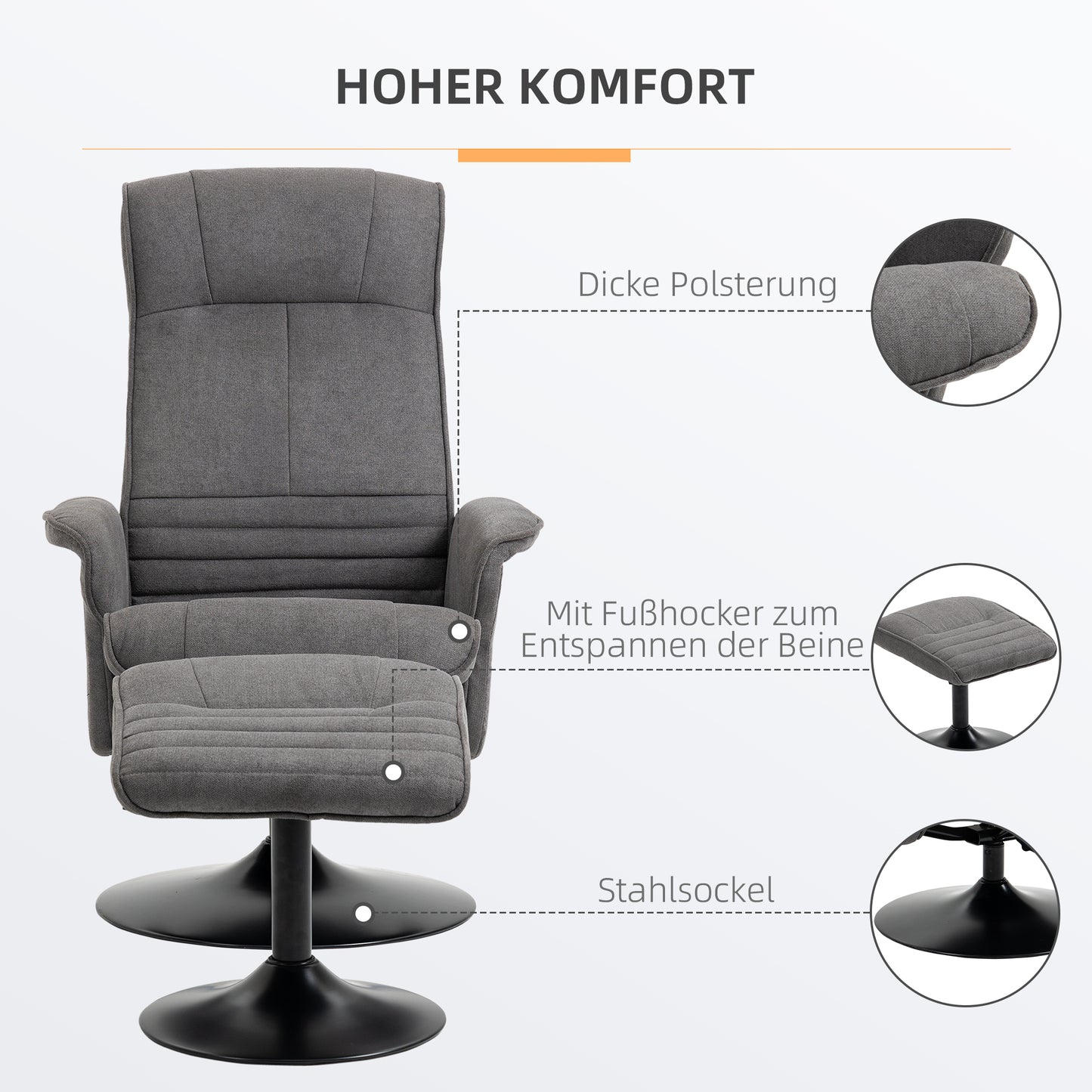 HOMCOM Relaxsessel mit Fußhocker, verstellbare Rückenlehne, 69 cm x 71 cm x 104 cm, Dunkelgrau + Schwarz