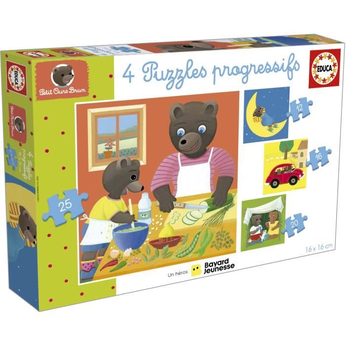 Puzzle - EDUCA - Little Brown Bear: 4 progressive puzzles for children from 12 to 25 pieces from 3 years old
