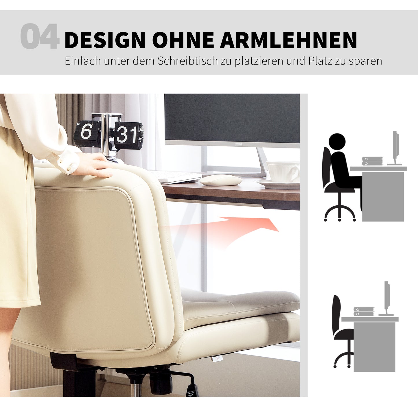 HOMCOM Armloser Bürostuhl mit Kunstleder-Bezug, Schreibtischstuhl mit Rollen, Extra-Kissen, höhenverstellbar, rollbar, Beige