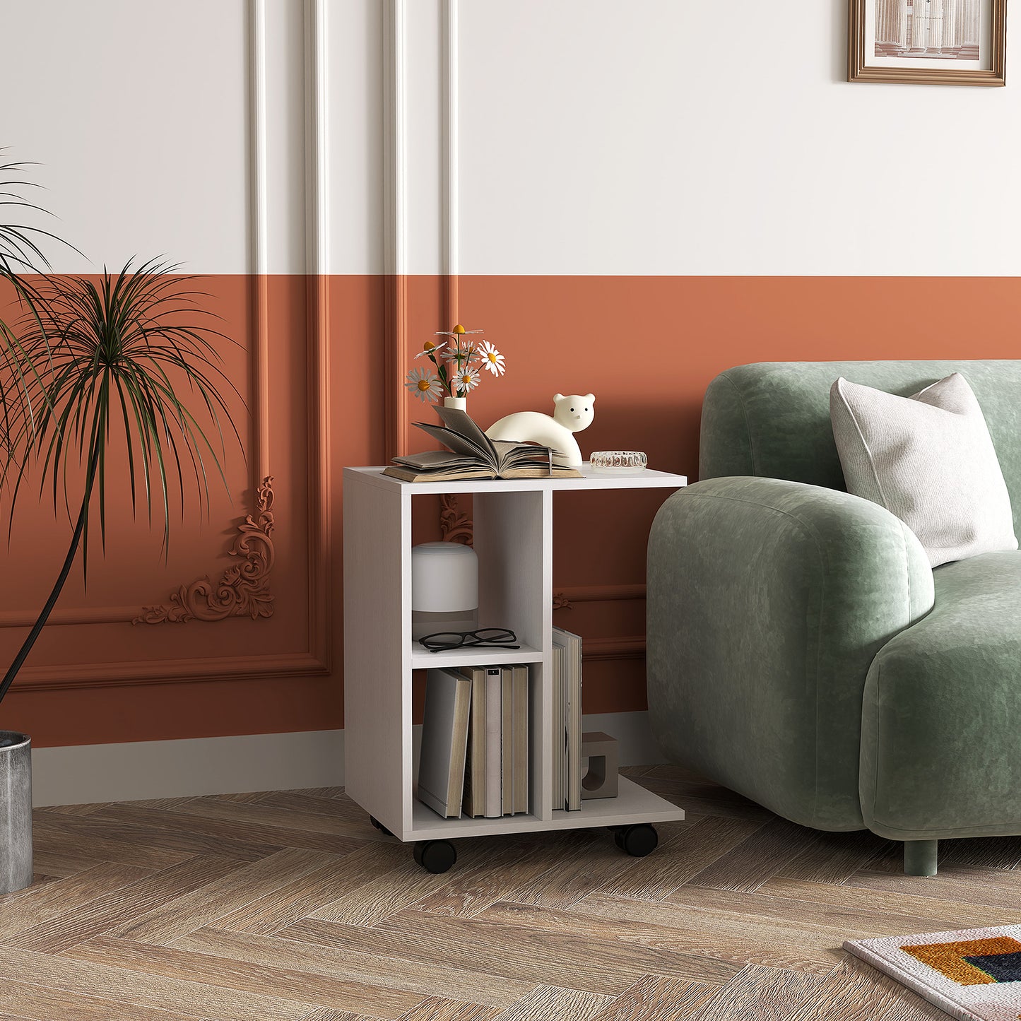 HOMCOM Beistelltisch in C-Form, Kaffeetisch, Couchtisch, Eckschreibtisch, mit Rollen, E1-Spanplatte, 45 x 35 x 58 cm, Weiß