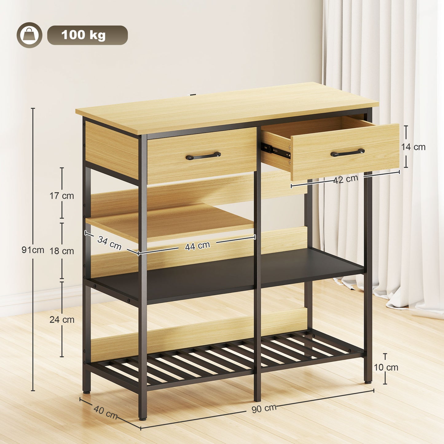 HOMCOM Sideboard, Kommode mit 2 Schubladen, 3 offenen Regalen Küchenschrankfür Küche, Wohnzimmer 90 x 40 x 91 cm, Naturholz