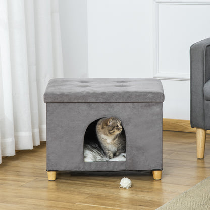 PawHut 2-IN-1 Katzenhöhle Fußhocker mit Kissen Holzbeine Katzenhaus Katzenkorb weich gepolstert Ottomane elegantes Design abnehmbar MDF Plüsch Grau 60 x 45 x 44,5 cm