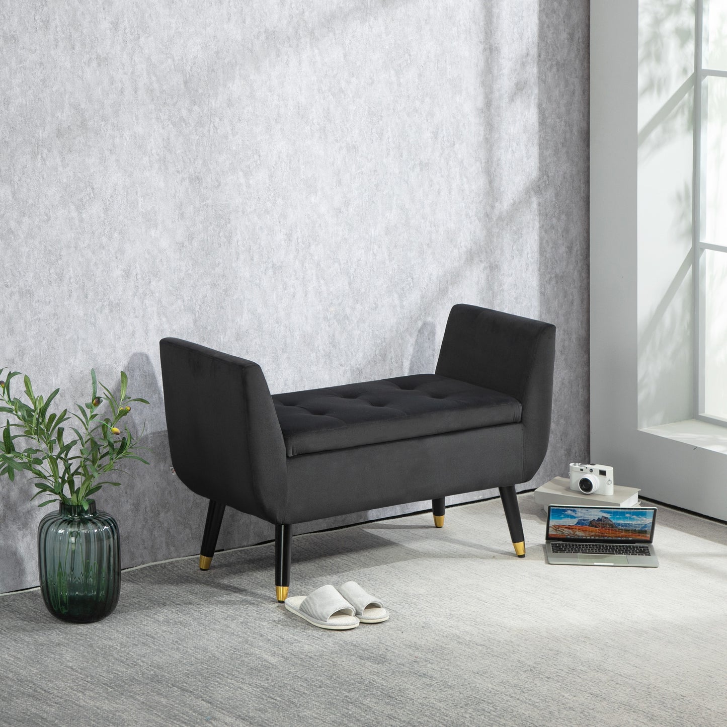 HOMCOM Sitzbank mit Stauraum und Armlehnen, Truhenbank, samtartiges Polyester, Kautschukholz, Dunkelgrau, 107 x 42 x 65 cm