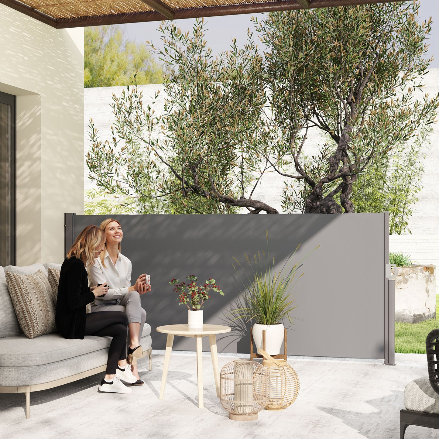 Outsunny Seitenmarkise ausziehbar blickdicht Sichtschutz mit Wandhalterung Beschichtung 300x140cm Dunkelgrau