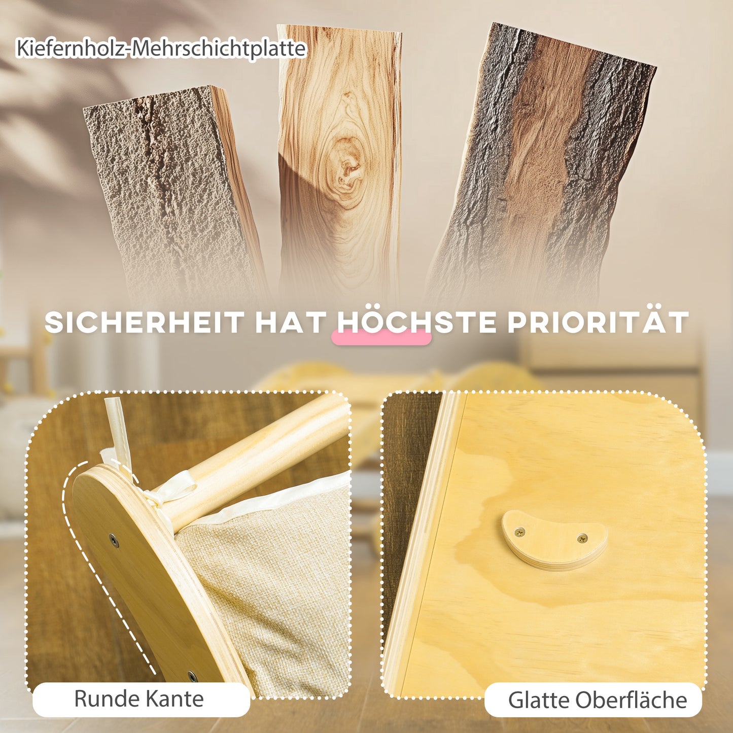 AIYAPLAY Kinder-Kletterset, 4-in-1-Design mit Bogenbrücke, Schaukelwippe, Kissen, Rutschrampe, für den Innenbereich, Holz