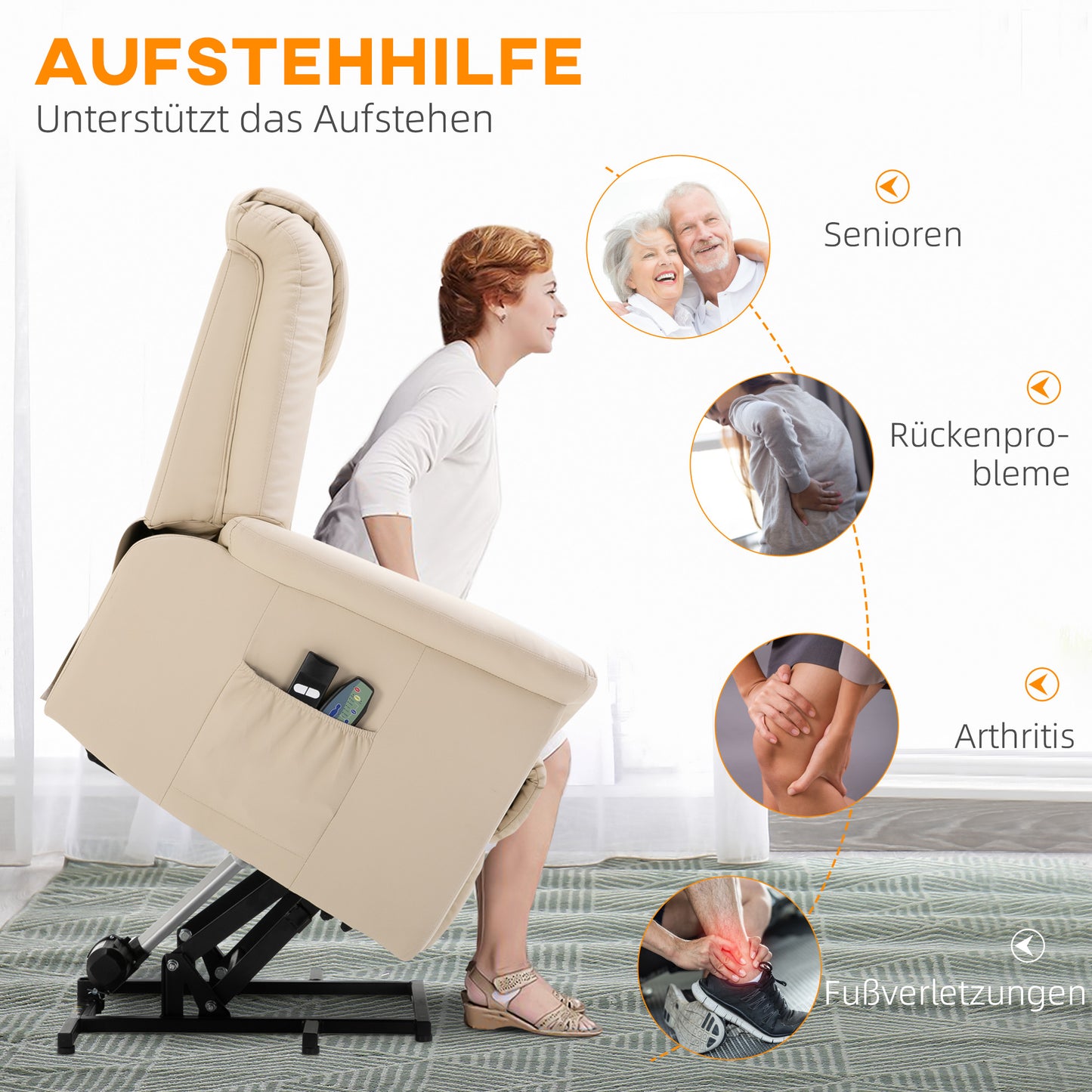 HOMCOM Massagestuhl mit Aufstehhilfe, 8 Vibrationspunkte, Heizfunktion, Fußstütze, Creme