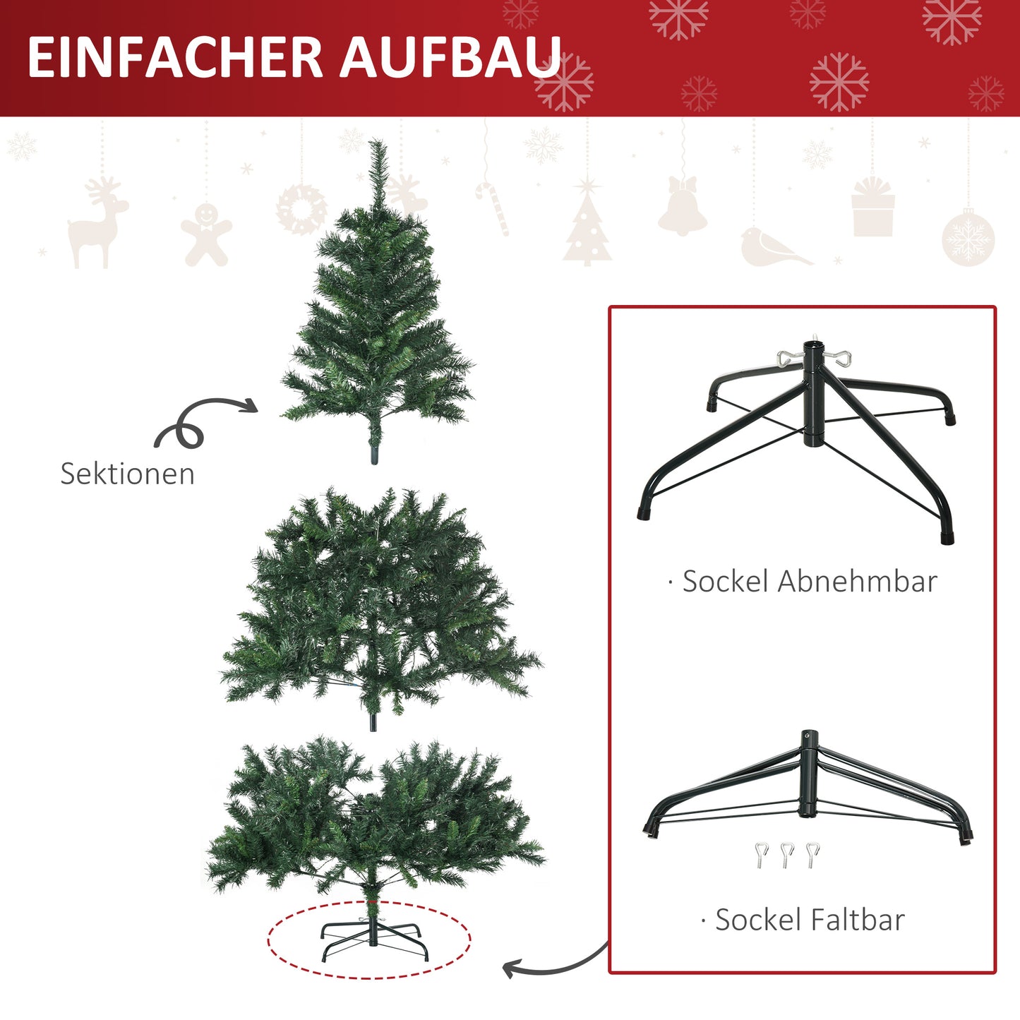 HOMCOM Künstlicher Weihnachtsbaum 180 cm künstlich Tannenbaum mit LED Beleuchtung, Kugeln, Christbaum mit 745 Spitzen, Weihnachtsdeko inkl. Metallständer für Drinnen