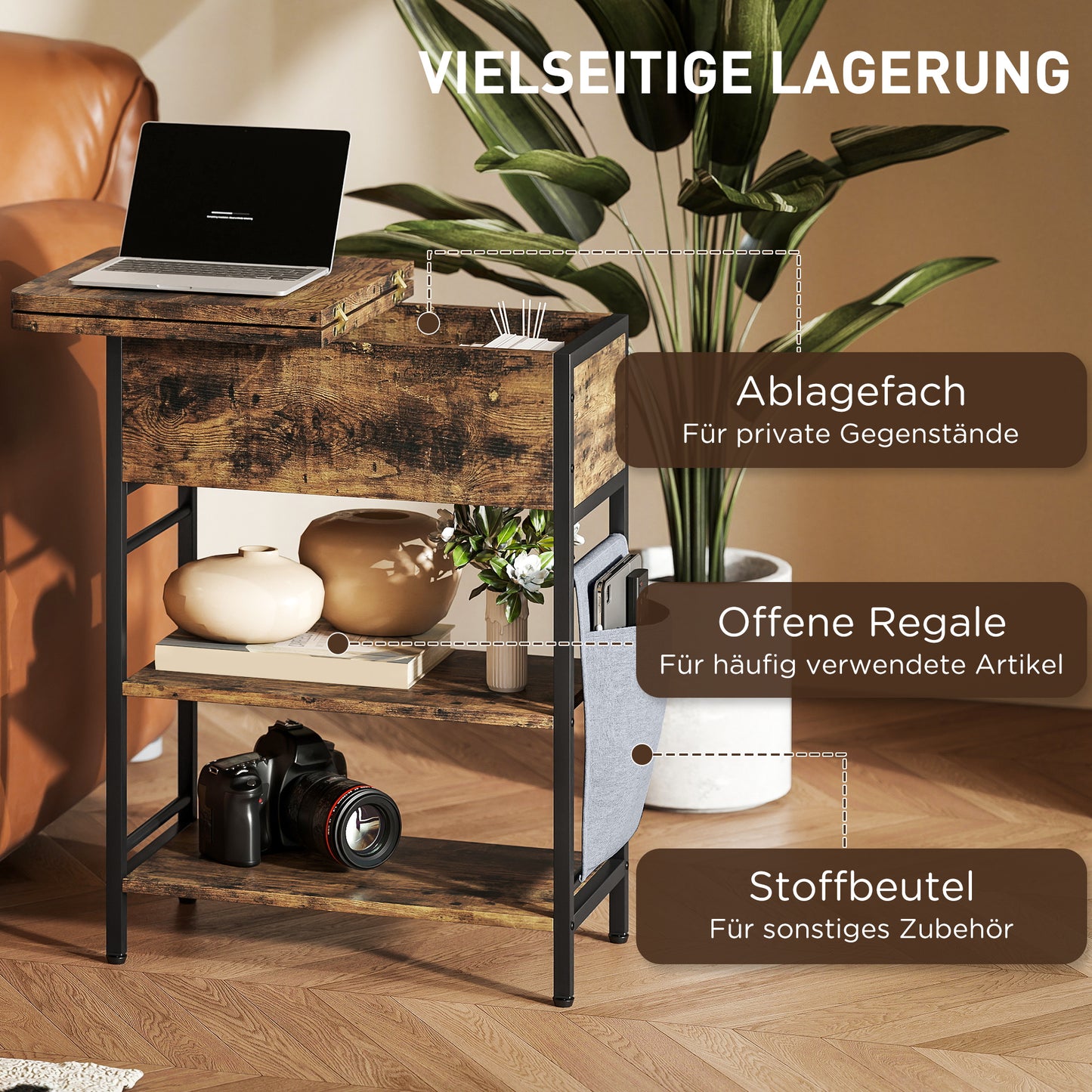 HOMCOM Beistelltisch Nachttisch mit Steckdosenleiste, 2 Ebenen, USB-Anschlüssen Stauraum 60 x 29,8 x 58,5 cm Rustikal Braun