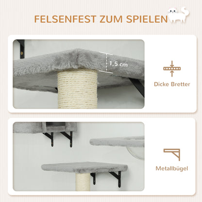 PawHut Kletterwand Katzen 7-teilig Katzen Kletterwand Set med Katzenhaus, Plattform, Plattform Grau