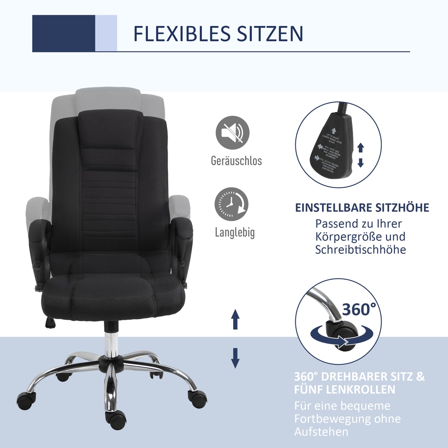 Vinsetto Bürostuhl Computerstuhl med Wippenfunktion Kopfstütze ergonomisk Schreibtischstuhl drehbar höhenverstellbar Leinen-Touch Schwarz 62 x 76 x 110-119 cm