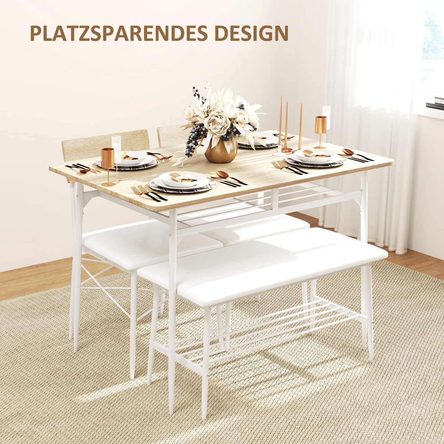 HOMCOM 4-teiliges Esstisch-Set mit Stühlen und Bank für 4 Personen, gepolsterte Sitze, Stahlrahmen, Holz, Eiche