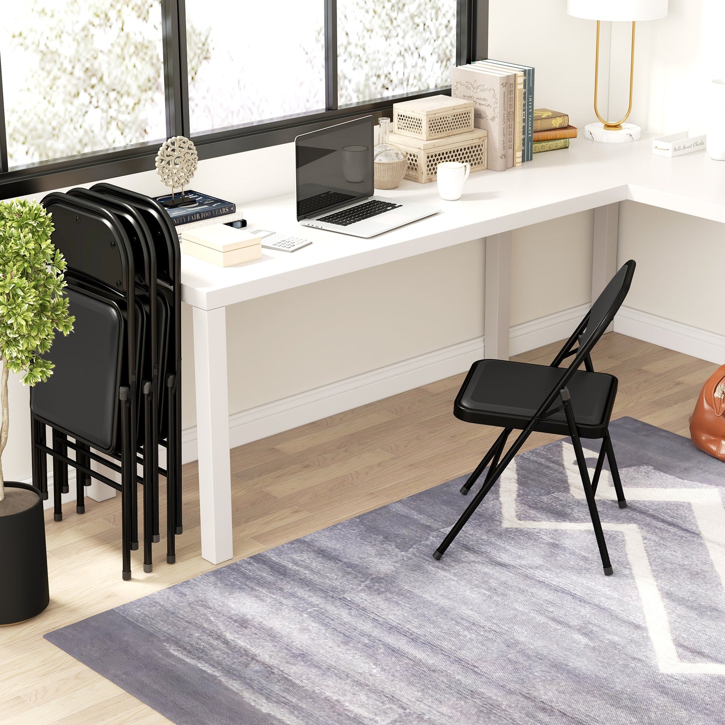 HOMCOM 4er-Set Klappstühle, Tragbare Bürostühle, Metallbeine, Faltstuhl für Büro, Empfang, Wartezimmer, Kunstleder, Schwarz