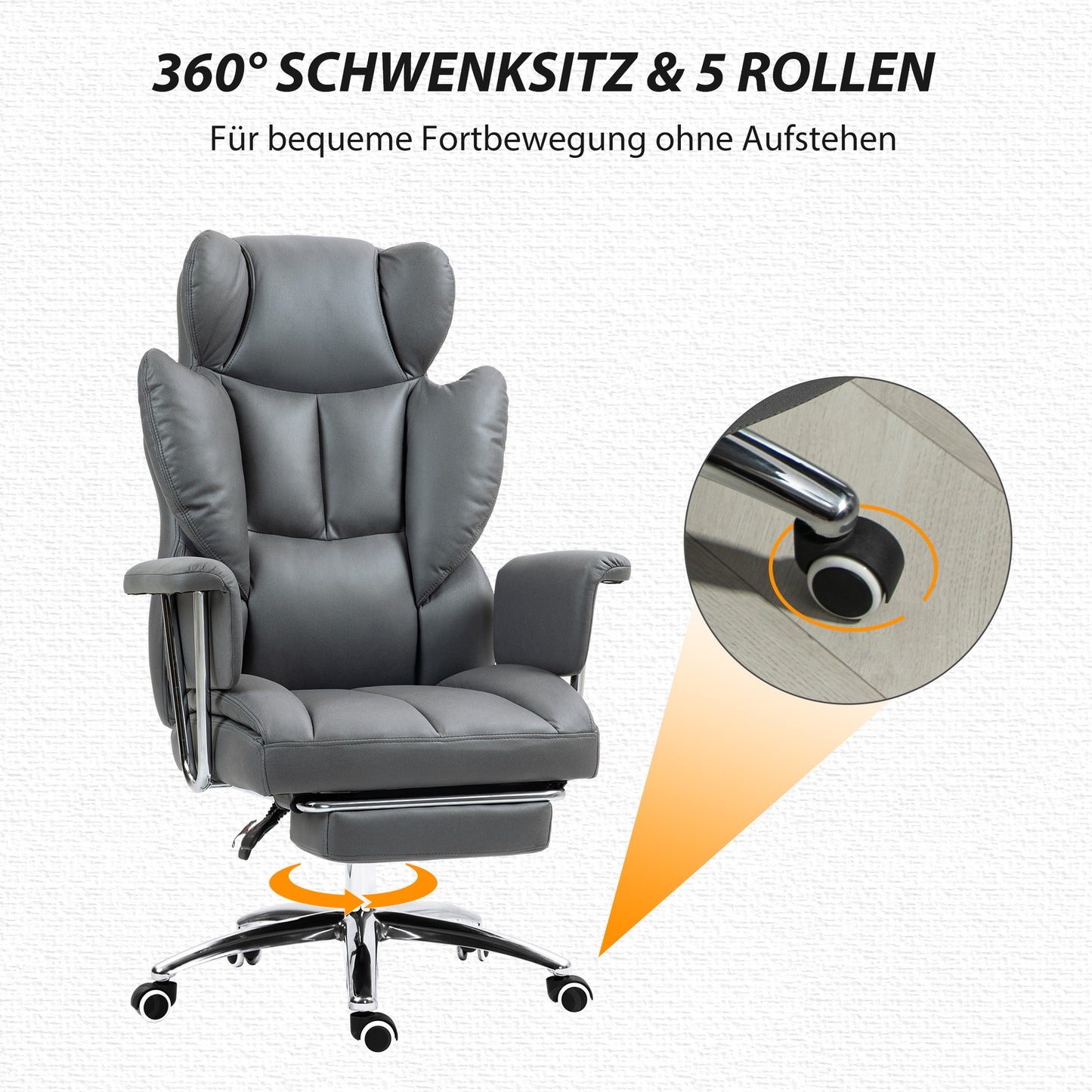 HOMCOM Ergonomischer Bürostuhl, gepolstert, mit Fußstütze, verstellbarer Lehne, 360° drehbar, Dunkelgrau