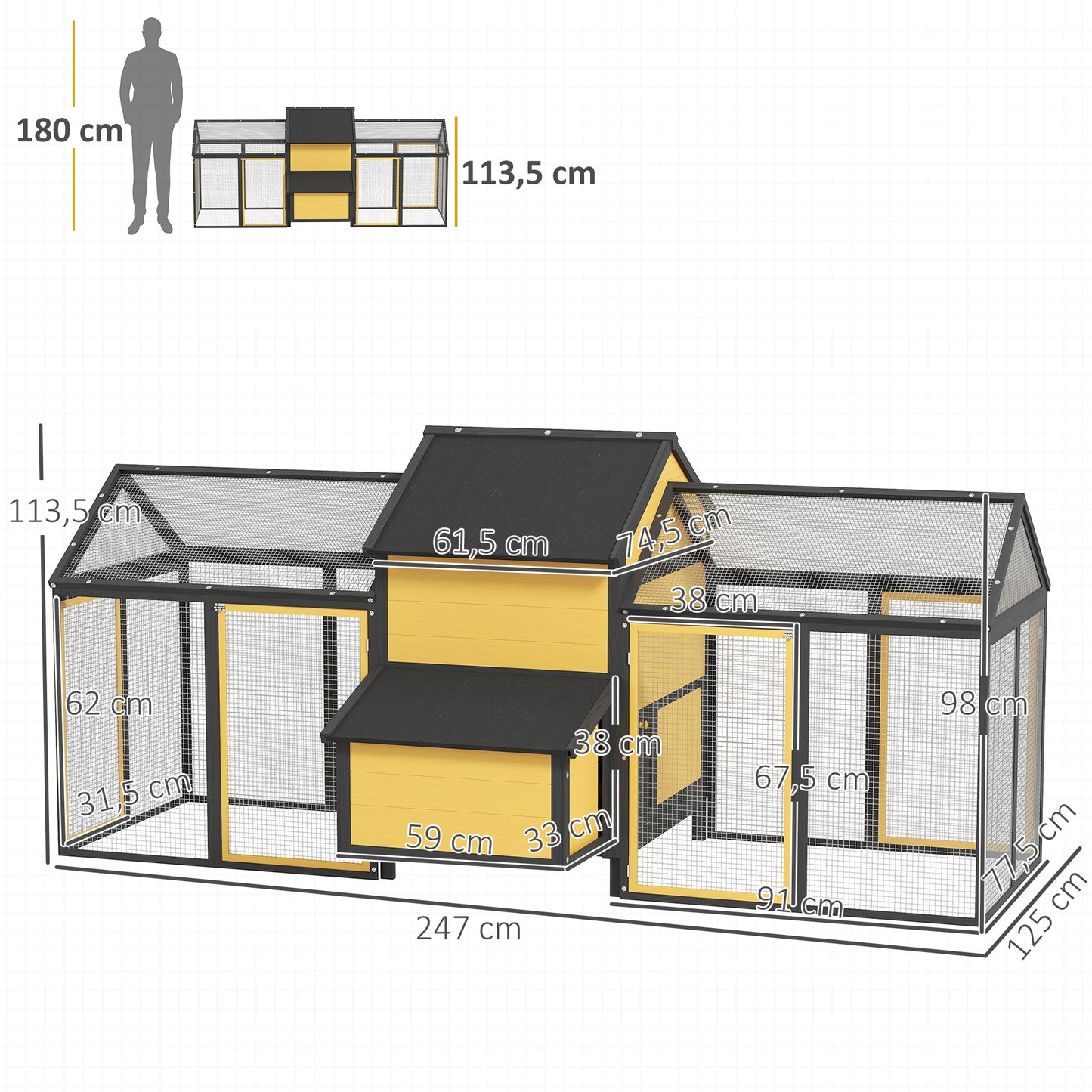 PawHut Hühnerstall Kleintierstall 2 Außengehege, 1 Nistkasten, 2 Rampen, Asphaltdach, wetterbeständig, Gelb
