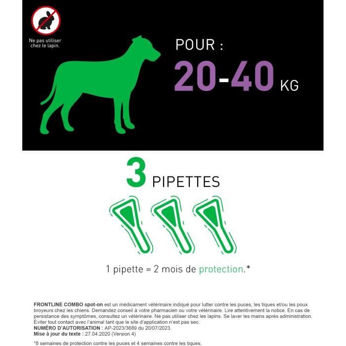 FRONTLINE 3 Antiparasitic pipettes COMBO Dog - 20-40 kg - Fleas, ticks, chewing lice