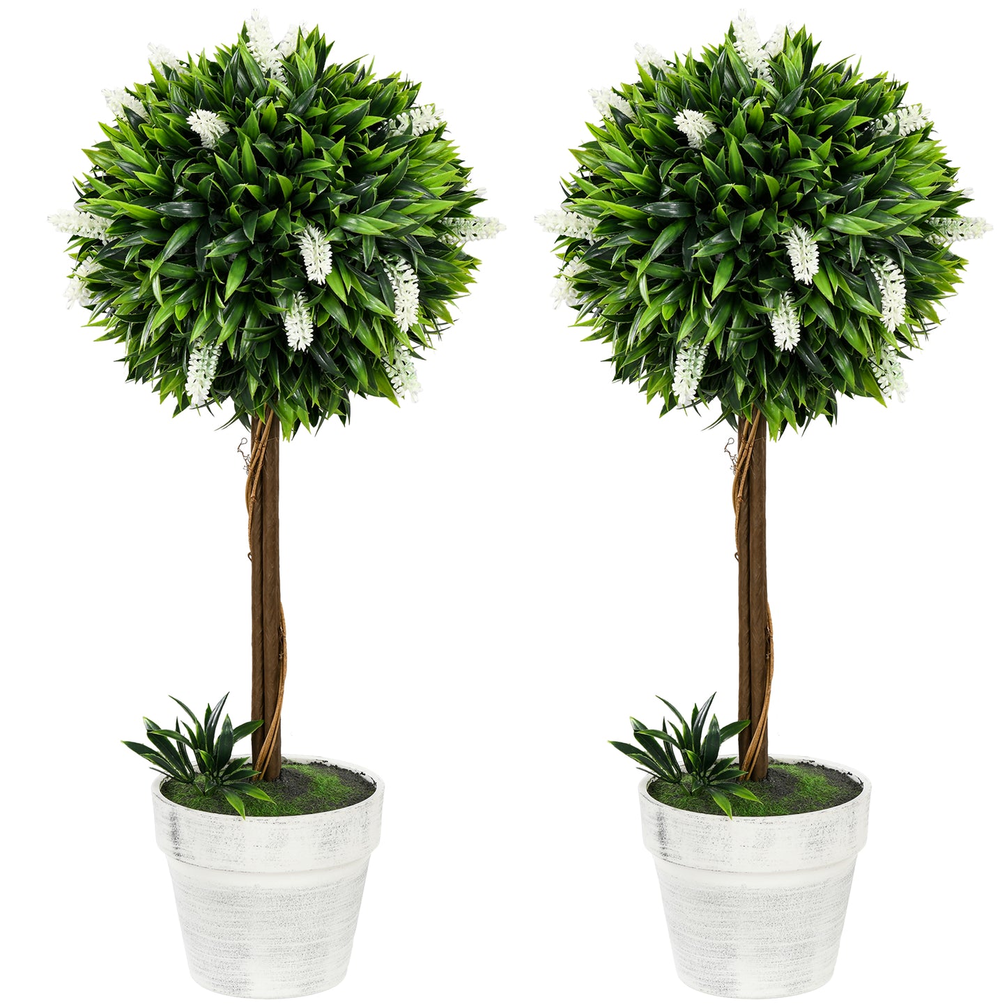 HOMCOM 2er-Set Lavendel Kunstbaum, 60 cm hoch, inkl. Topf und Kunstmoos, Weiß